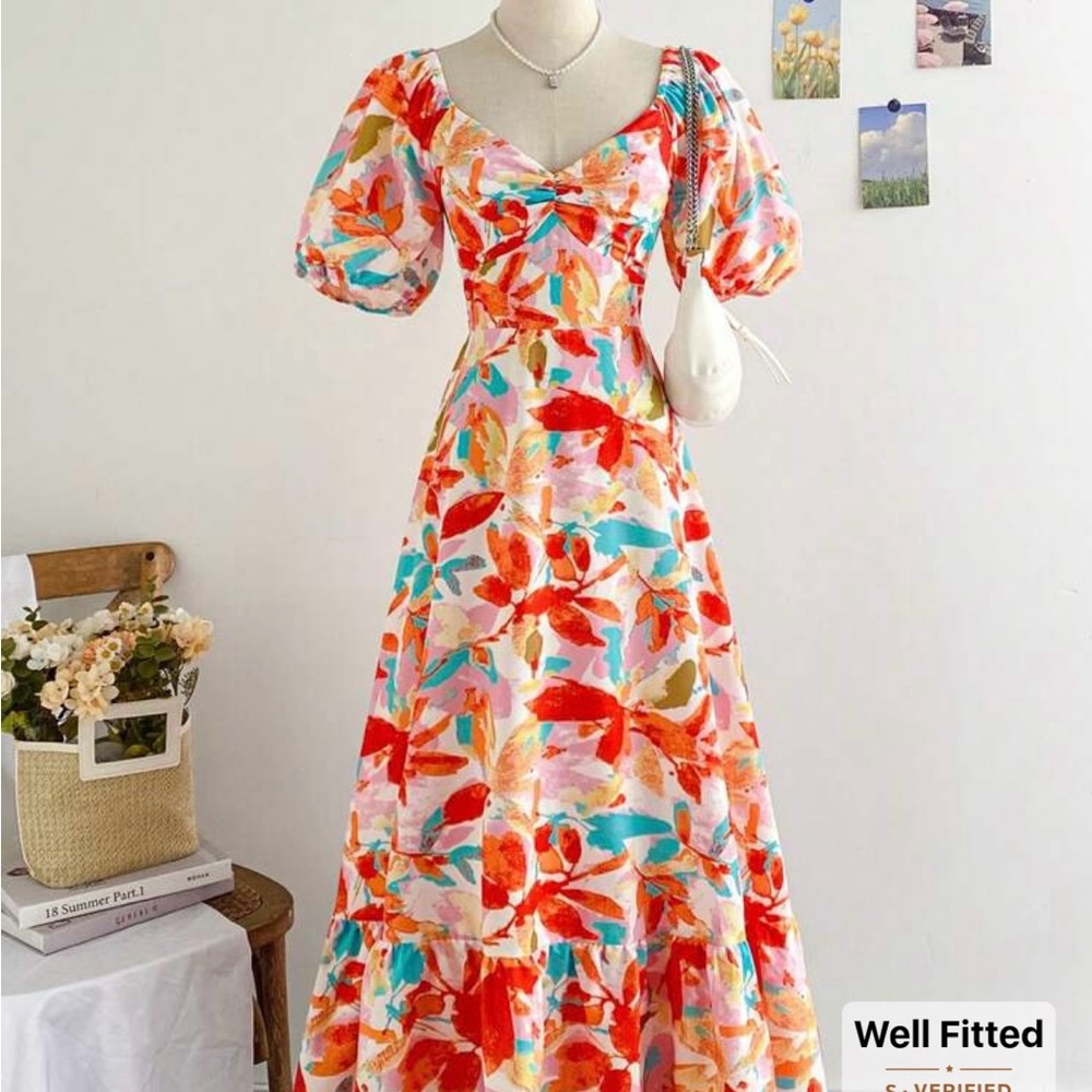 SHEIN Multicolor Backless Puff Sleeve Dress
